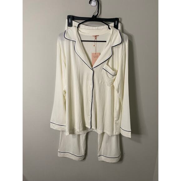 New Eberjey Gisele TENCEL Modal Long PJ Set, White and Navy Size Medium - Picture 3 of 4